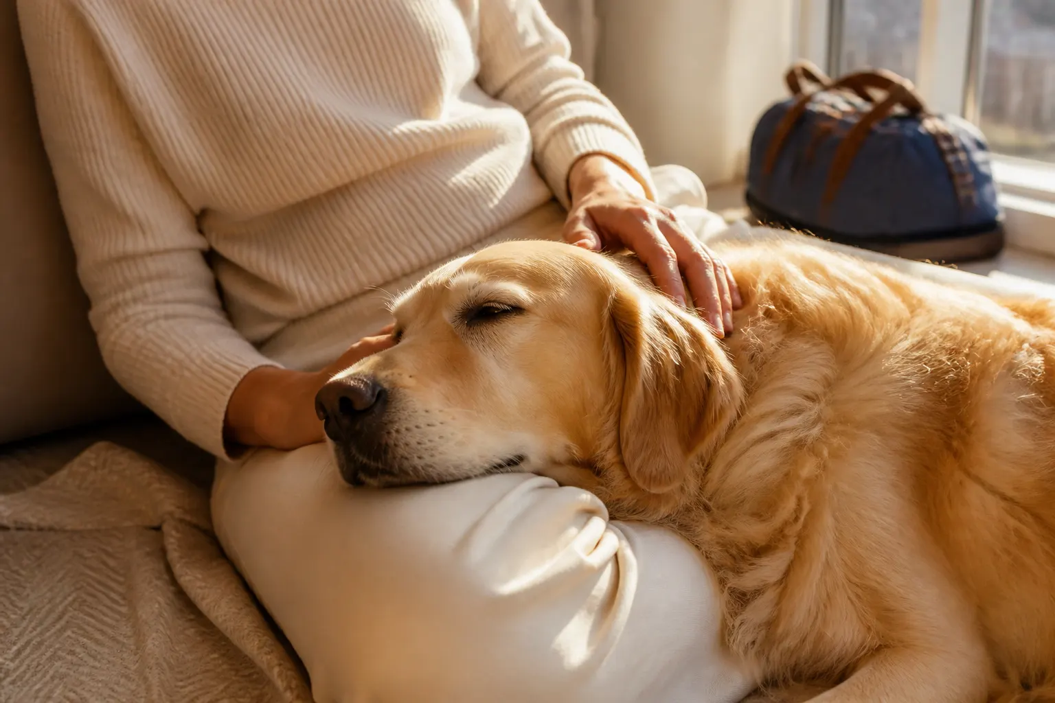 A golden retriever resting close to their owner in warm window light