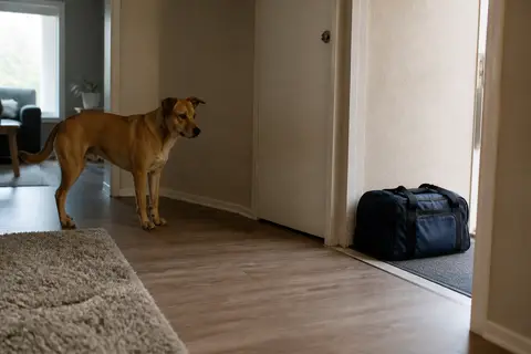 Sample photo of a dog near a travel bag